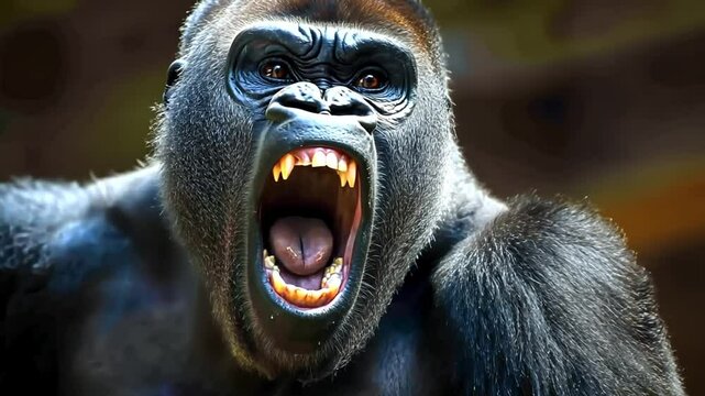 Dominant Silverback Gorilla Roaring Fiercely Showing its Teeth in the Jungle Wilderness
