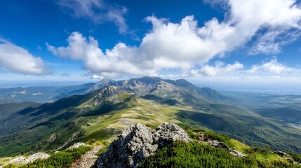 Fototapeta premium Breathtaking aerial view of lush mountain landscape with rocky peaks and fluffy clouds framing the horizon : Generative AI