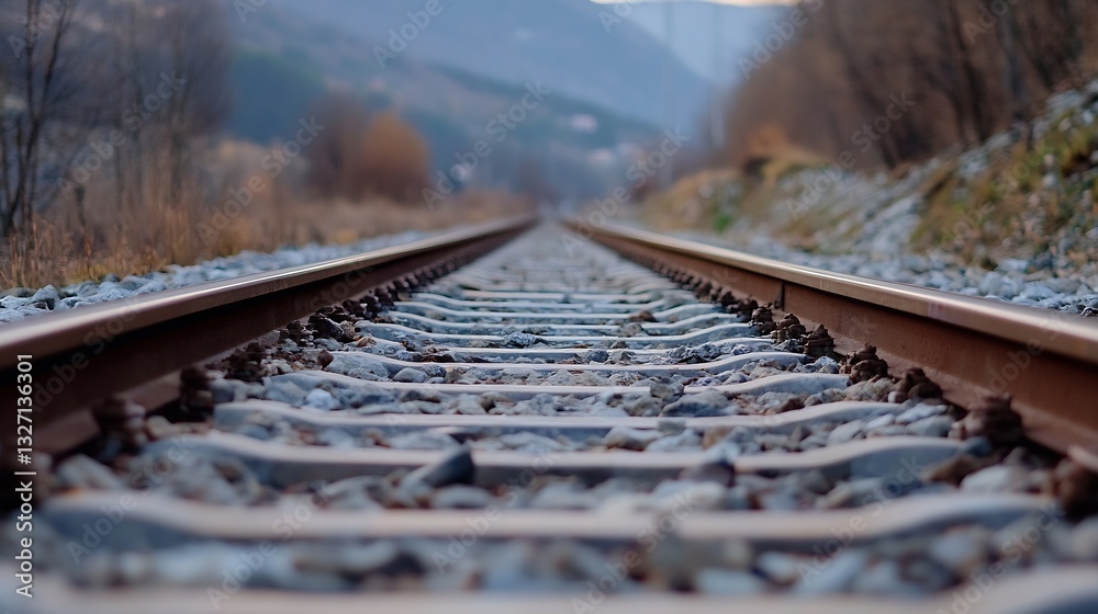 Aufkleber closeup view of distant railway tracks stretching into the horizon : generative ai