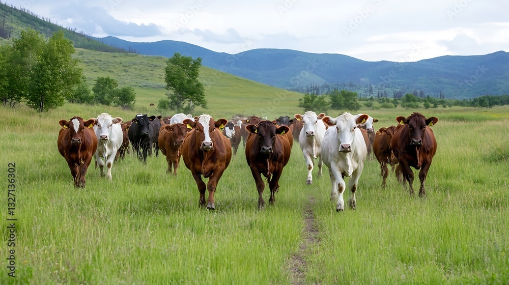 Poster a herd of cows walking through a lush green pasture with mountains in the background under a beautif