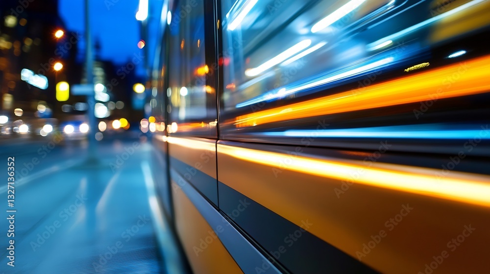 Poster dynamic night scene of a blurred city bus with vibrant light trails on a busy street : generative ai