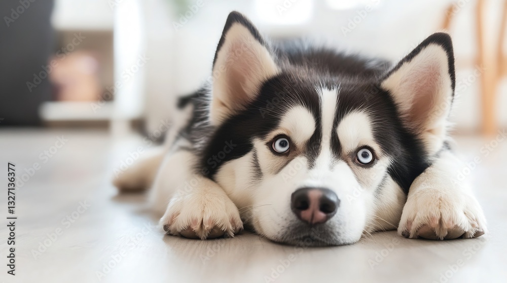 Poster adorable siberian husky laying on floor with sad expression captivating eyes : generative ai