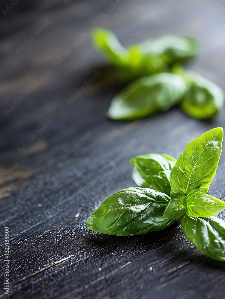 Poster fresh basil leaves placed on a dark wooden surface creating an inviting culinary atmosphere : genera