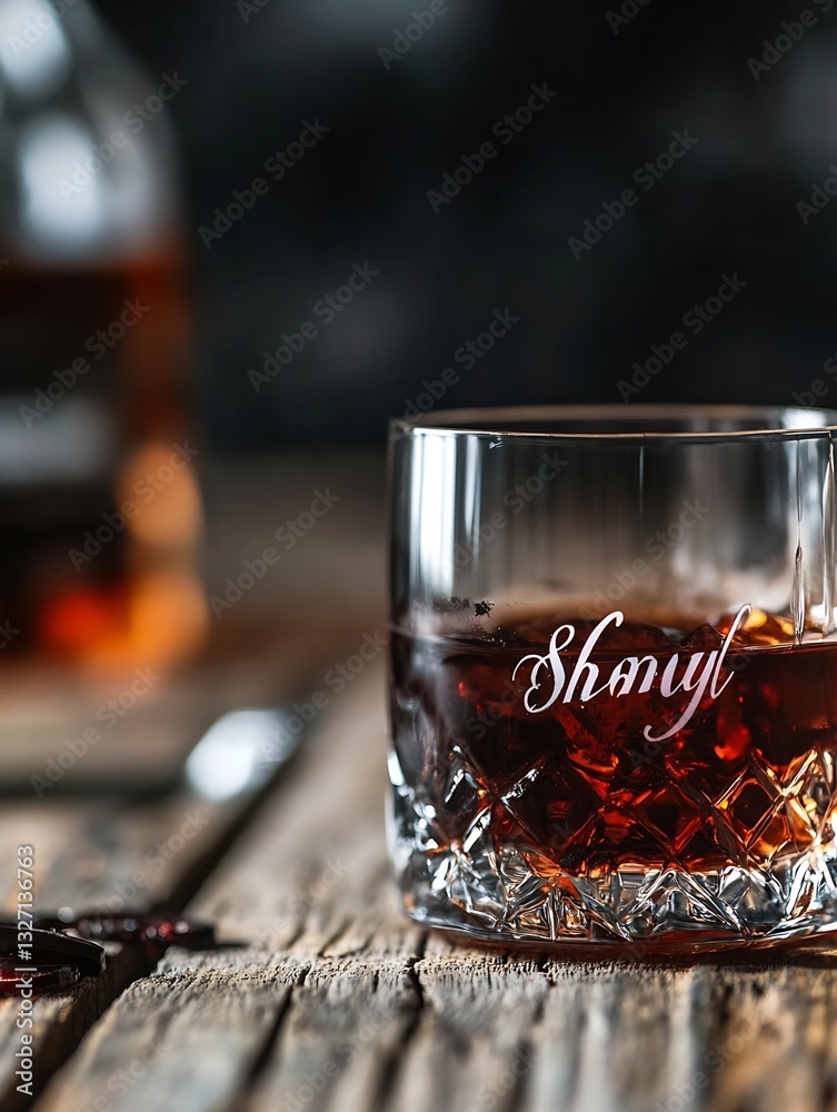 Poster elegant glass of whiskey on rustic wooden table with beautiful reflections and dramatic atmosphere :