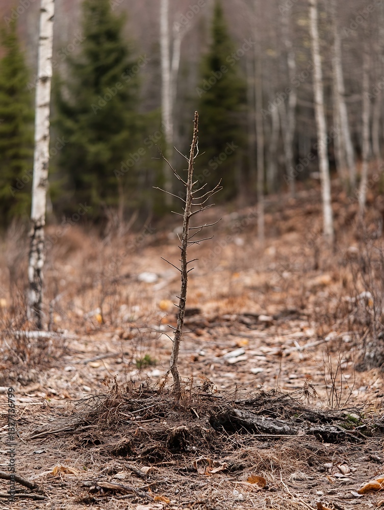 Poster Lonely Bare Tree Standing Alone Amidst Unsightly Terrain in a Serene Forest Setting : Generative AI