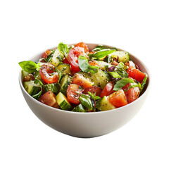 Fresh caprese salad with tomatoes, cucumbers, and herbs in a white bowl isolated on white background and transparent background