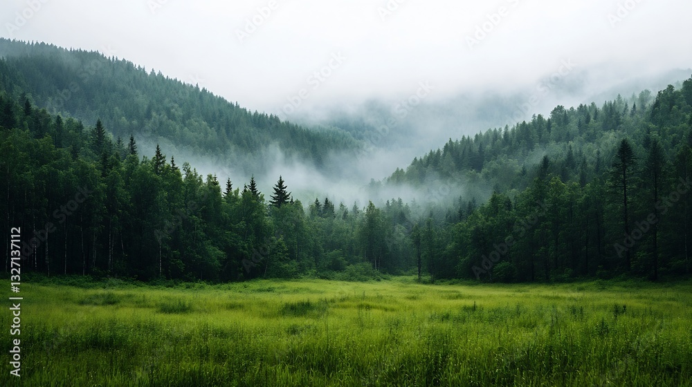 Aufkleber enchanting rainforest lined with tall green trees and mist rising from the ground : generative ai