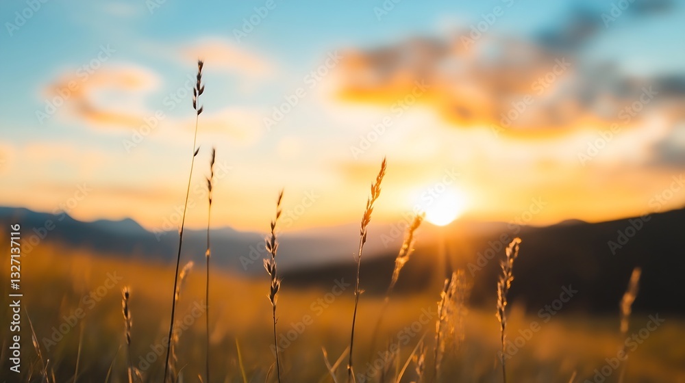 Poster gently glowing sunrise over a field filled with grasses and wildflowers creating a warm atmosphere :