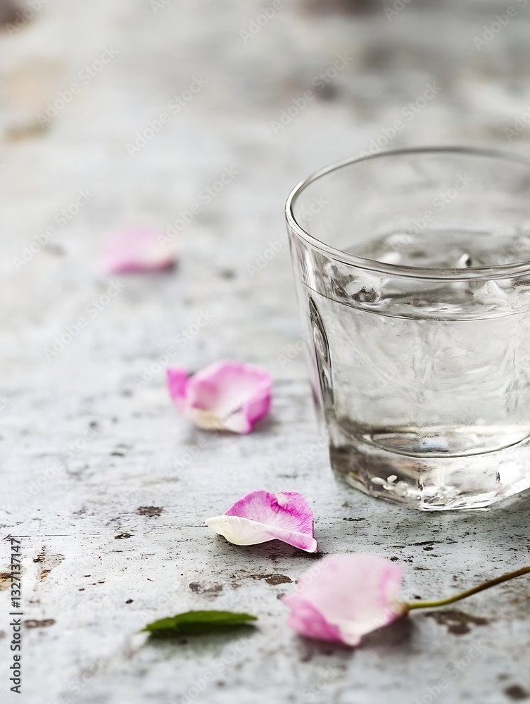 Poster elegant glass of clear water placed alongside delicate rose petals on a rustic surface : generative 