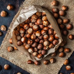 Paper Bag of Hazelnuts on Burlap Sack,  Autumn Harvest