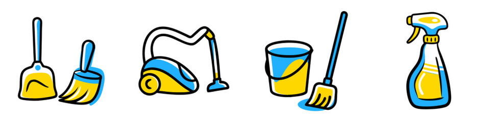 Efficient cleaning tools for home maintenance, cleaning spray bottle, mop with bucket and vacuum cleaner icon set  for hygiene, organization and cleaning service