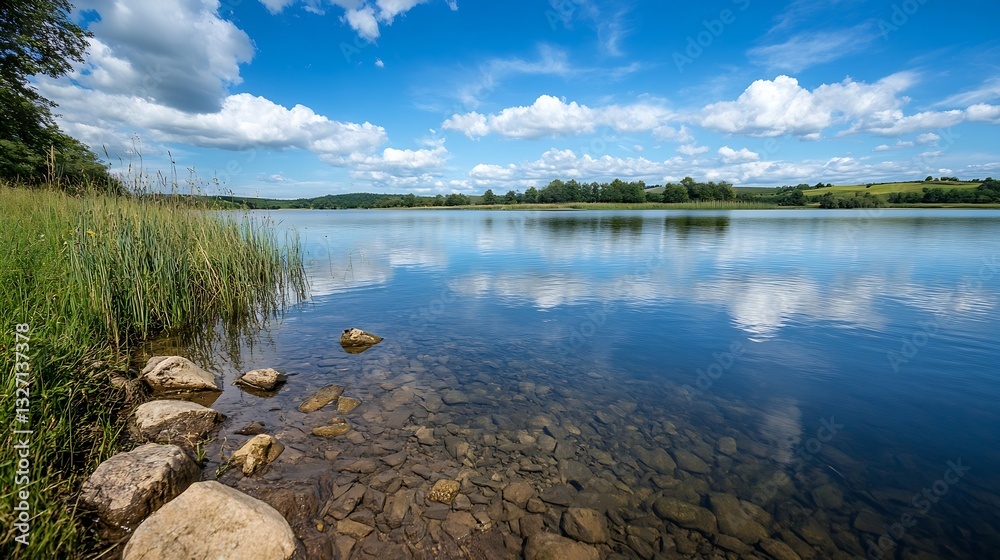 Poster serene landscape of a calm lake reflecting beautiful clouds and greenery on a bright sunny day : gen