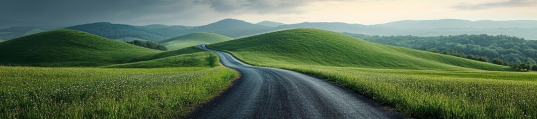 Fototapeta premium Scenic Country Road Winding Through Vibrant Green Hills. Generative AI