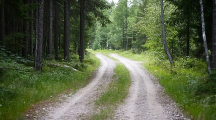 Fototapeta premium Winding dirt road through a lush forest creating a serene atmosphere perfect for hiking and exploration : Generative AI