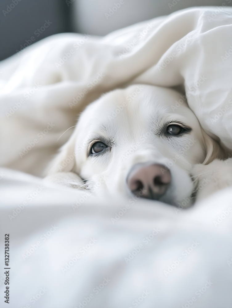 Aufkleber A fluffy and calm white dog resting comfortably in soft bedding with a serene expression : Generative AI