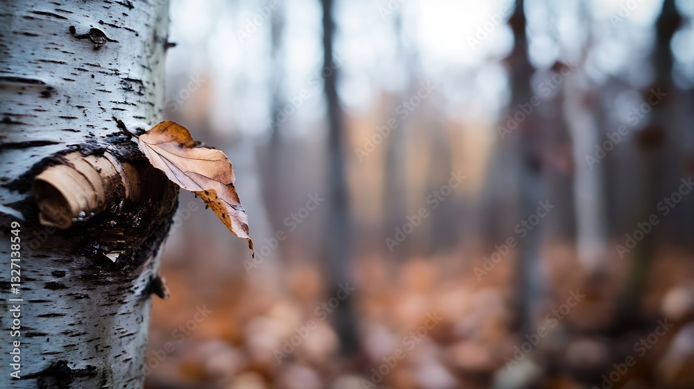 Aufkleber Charming autumn scene featuring a closeup of birch tree bark with a single dry leaf amidst a blurred forest background : Generative AI
