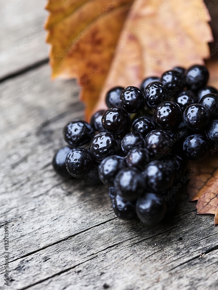 Poster Close up of fresh black grapes resting on a rustic wooden table with autumn leaves : Generative AI