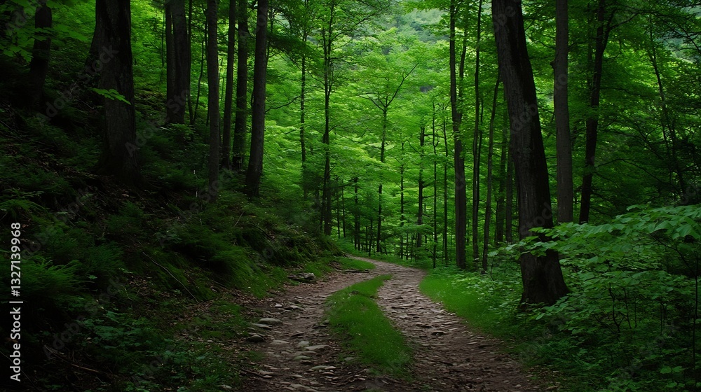 Aufkleber Serene forest path surrounded by lush greenery leading into a tranquil natural setting : Generative AI