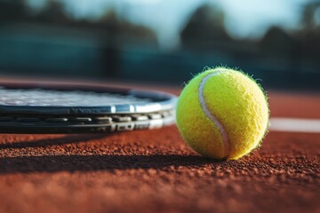 tennis ball close-up lying near a tennis racket