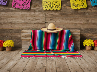 Display of Mexican blanket with a sombrero.  Cinco De Mayo