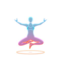 Person yoga pose holographic 3D icon. neon symbol vector illustration isolated on white background. Generative AI