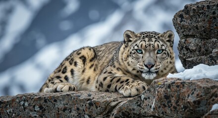 Fototapeta premium A powerful snow leopard with striking blue eyes poses on a rocky cliff with snowy mountains in the background. Perfect for themes of wildlife, strength, and conservation.