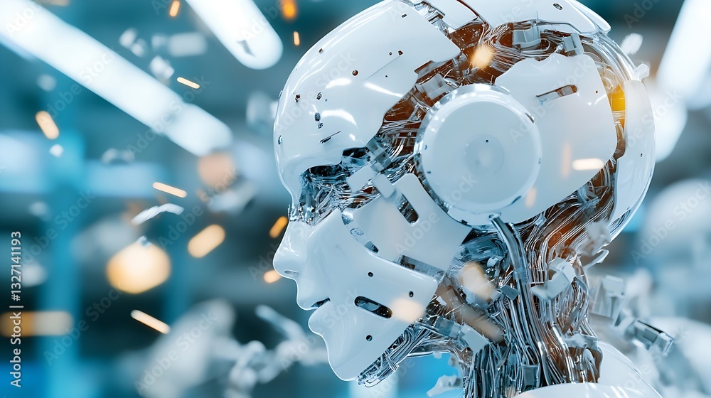 Poster Realistic robotic head showcasing advanced artificial intelligence technology against a blurred background : Generative AI