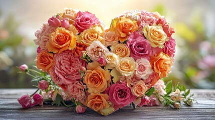 Charming heart-shaped arrangement of colorful flowers on a wooden table surrounded by an elegant romantic setting