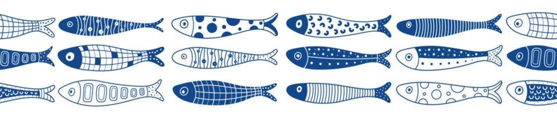 Vector seamless horizontal border with fish. Cute illustration. Sardines, salmon, tuna, tilapia.