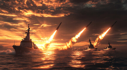 A realistic photograph of military ships firing missiles at an enemy in the ocean, with a sunset backdrop.