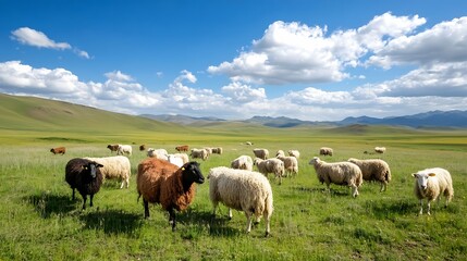 Fototapeta premium A flock of sheep grazes peacefully in a sunny green meadow surrounded by a beautiful pastoral landscape : Generative AI