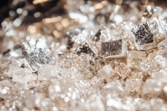 A close-up of pure magnesium metal in raw form, shiny silver-white pieces reflecting light with copy space. Bright focused lighting. Scientific material background. 