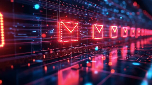 Digital Mail: An immersive composition of digital mail icons glows in a futuristic setting, symbolizing electronic communication and technology in an interconnected world