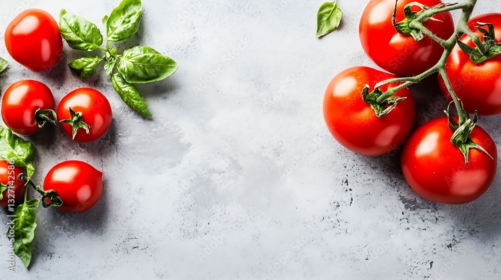 Aufkleber fresh tomatoes and basil on gray background perfect for healthy cooking images : generative ai