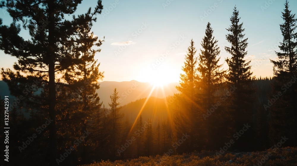 Poster breathtaking sunrise illuminating a serene forest with tall trees and mountain silhouettes in the ba