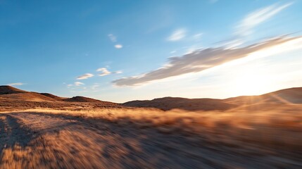 Naklejka premium Stunning panoramic view of a golden grass field under a vibrant sky during sunset : Generative AI