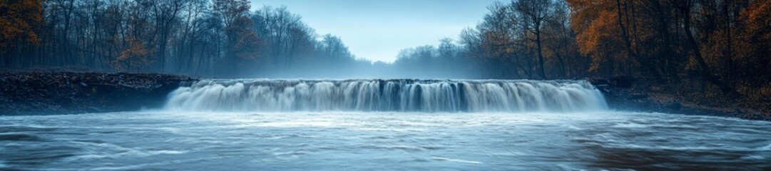 Fototapeta premium Powerful water rushing over a broken dam flooding the surrounding area in a dramatic scene. Generative AI