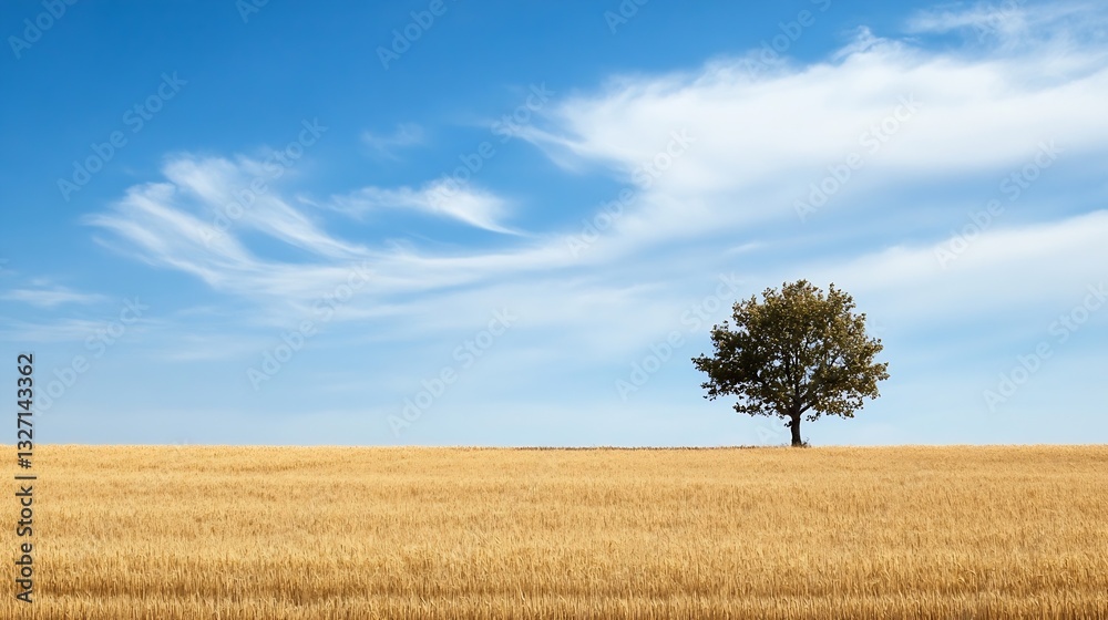 Poster lone tree standing tall in a golden wheat field under a picturesque blue sky adorned with gently dri