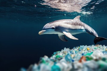 Naklejka premium Dolphin Swimming Among Colorful Ocean Plastic Debris and Waste