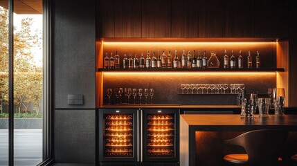 Bar area minimalist with a wine cooler smart and lighting voice-activated, styled few elegant glasses with a.