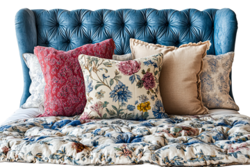 Cozy arrangement of colorful pillows on a bed