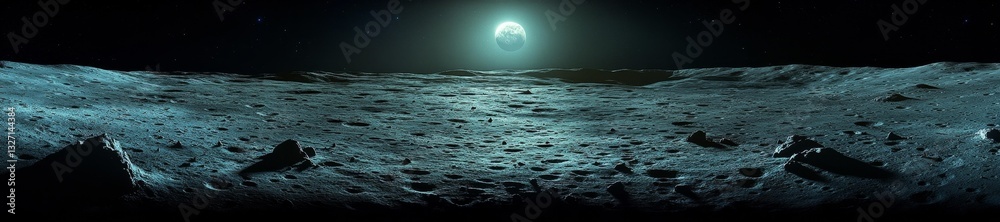 Wall mural panoramic view of the moon's surface with earth in the distance casting a surreal glow. generative a