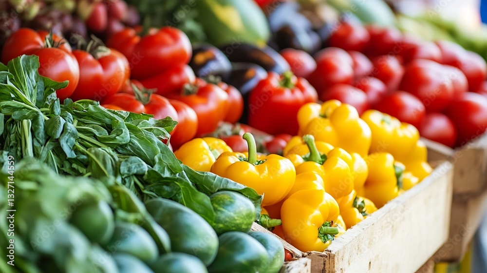Poster freshly harvested colorful vegetables displayed in a vibrant market stall filled with greens and red