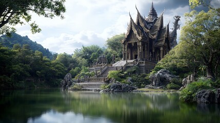 Majestic temple reflection in tranquil lake enchanting jungle nature photography serene landscape