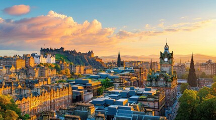 Obraz premium The historic Edinburgh Castle with its iconic stone walls, perched on Castle Rock, surrounded by Edinburgh's skyline.