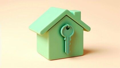 3D cute house icon, cartoon building, home with key, isolated on background