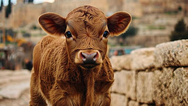 a young red Heifer looking at camera at ancient temple 