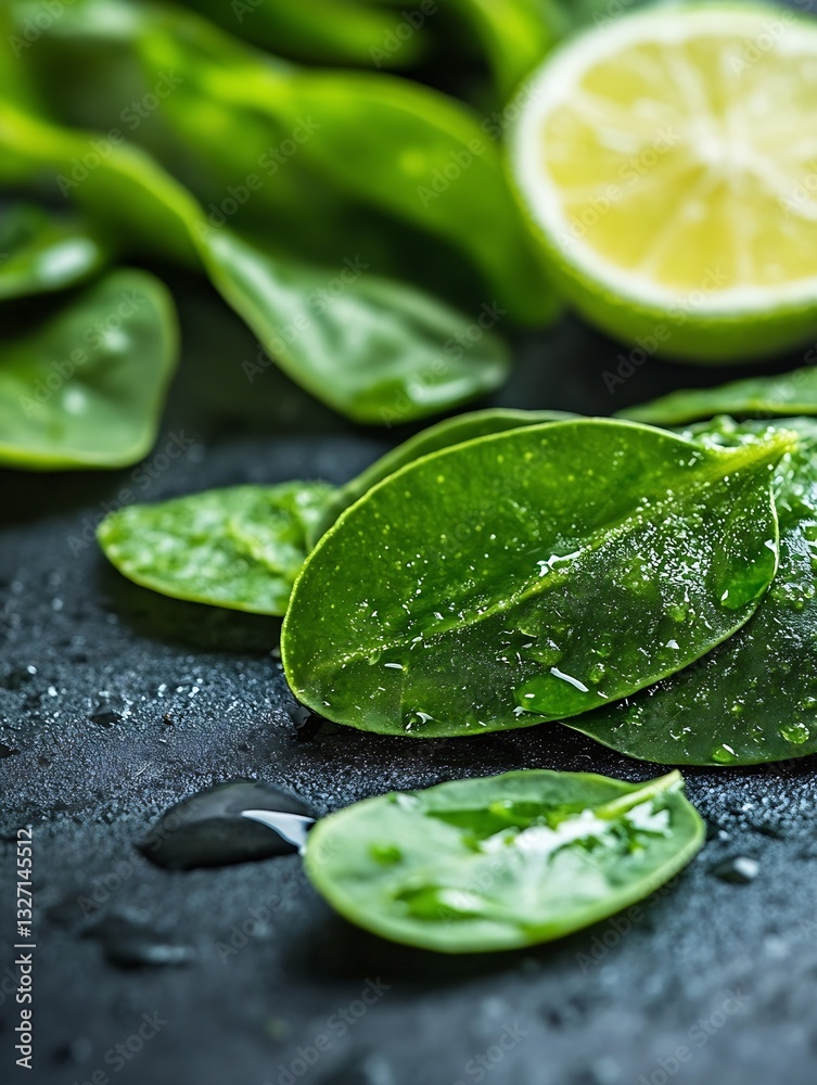 Aufkleber fresh green spinach leaves with water drops and lemon slice on a dark background : generative ai