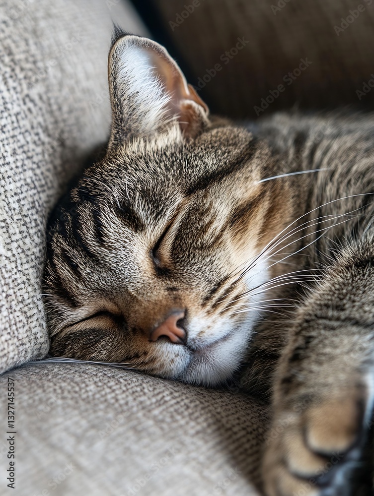 Poster beautiful tabby cat sleeping happily on a cozy couch surrounded by soft fabrics in natural lighting 