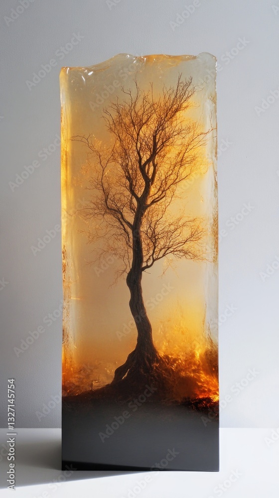 Poster a transparent glass block featuring a small tree inside, useful for decorative or creative purposes